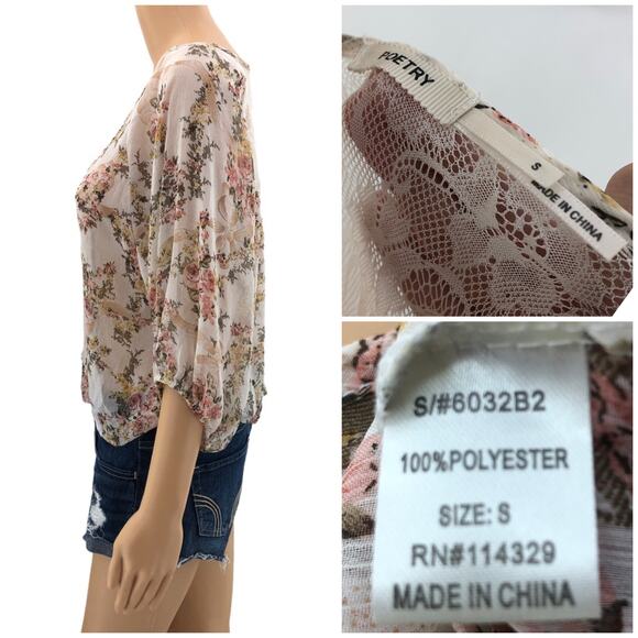 Poetry SMALL Cream Peach Floral Sheer Lace Back Peasant Boho Blouse Crop Top - Picture 5 of 5